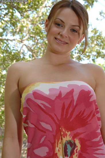 Ava Miller in beautiful summer dress takes off her yellow panties outdoors
