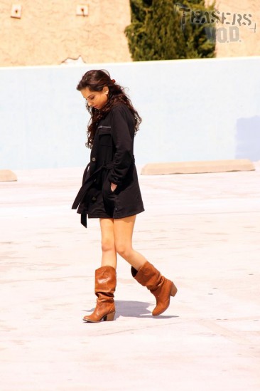 Baked brunette Trinity St Clair in leather boots exposes her naughty parts in the street