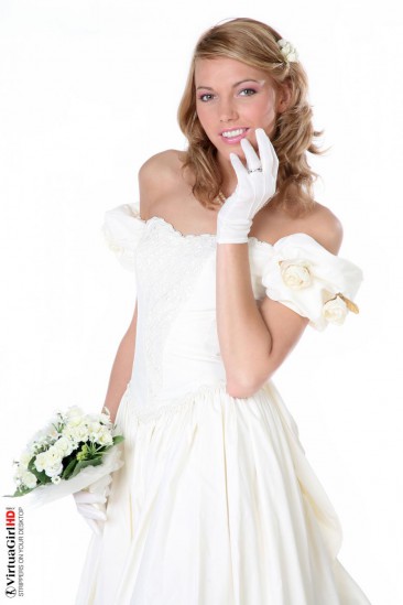 Frisky blonde Jody Nubiles is slowly losing off her white bridal dress posing in stockings