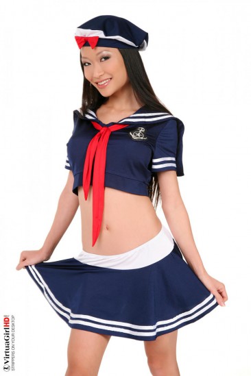 Hot Asian Pussykat Virtuagirl lifts the uniform top and skirt up showing nude tits and beaver