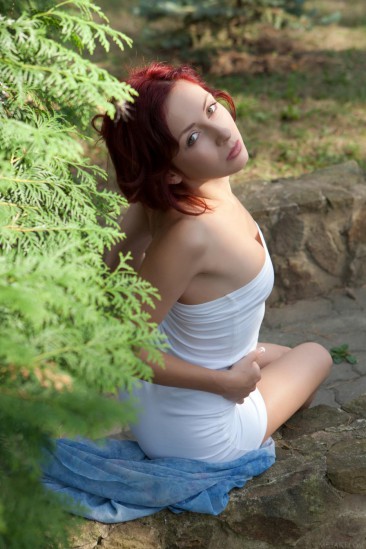 Ravishing redhead babe Night A rides up her white dress and lets us gawk at her snatch