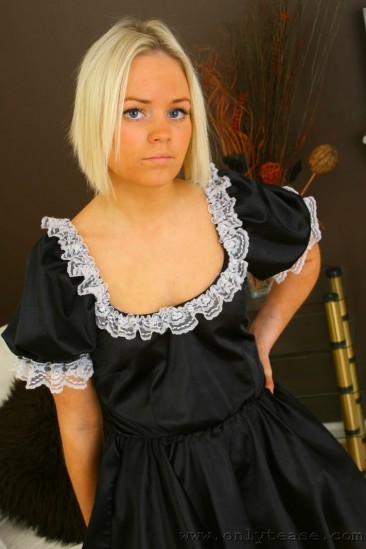 Fair haired parlor maid Emma B loves to model in her very nice lingerie