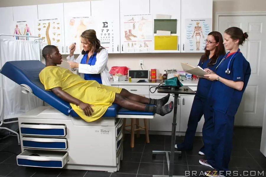 Cock hungry doctor Trina Michaels gets fucked by black guy in the face of her assistants