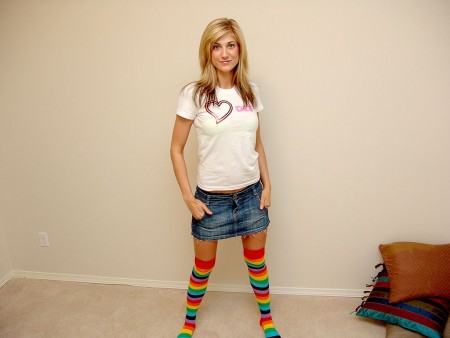 Teen girl Pure Dee in multicolor striped knee highs is too shy to show her tits