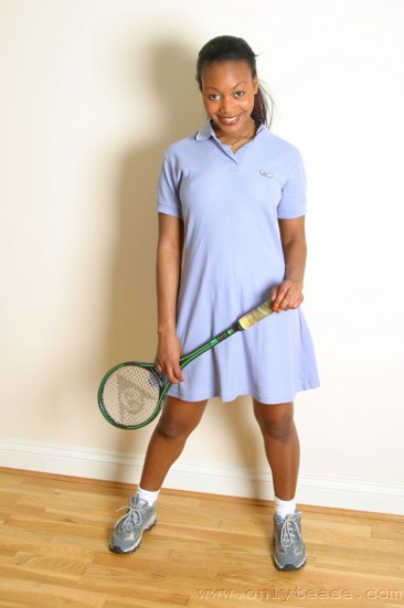 Black hottie Robyn S in blue tennis outfit shows her perky tits and tight buttocks