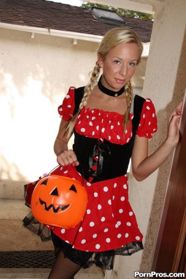 Pigtailed blonde Eden Adams shows her bits on Halloween and takes on long dicked guy