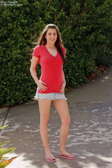 Teen brunette Stacy Haught in jean mini skirt shows her tits and slit outdoors in the morning