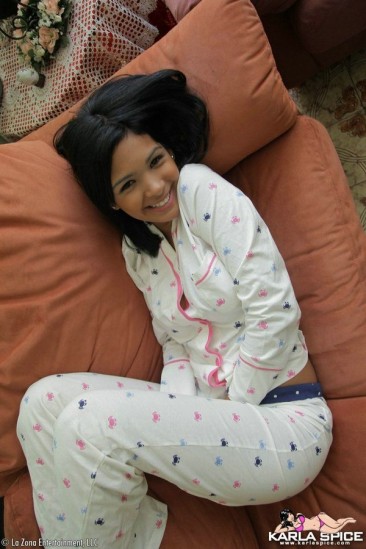 Raven haired latina teen Karla Spice in pink panties strips out of her pajamas