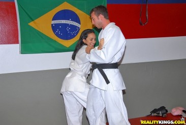 Flat chested latina Nina Lee gets fucked with her snow white taekwondo kimono on