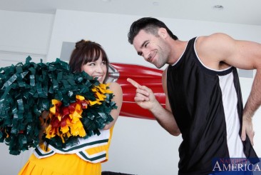 Brunette cheerleader Mindy Lynn gets heavily hammered by her coach and fed with his cum