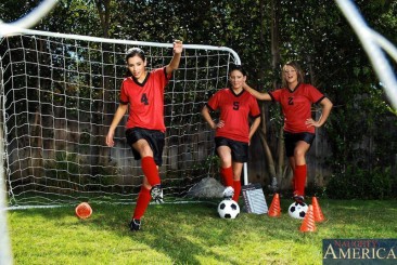 Crazy group fuck session with Mindy Main and her fellow soccer players sharing a fat cock