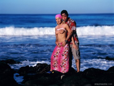 Tight round boobed euro babe Alexa Weix in pink bandanna gets slammed on the beach